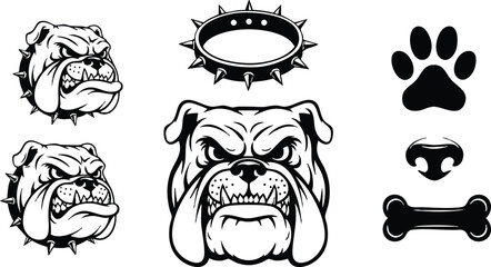 Bold vector art aggressive bulldog heads with spiked collar side views front view spiked collar separate paw print nose bone icons in black and white style