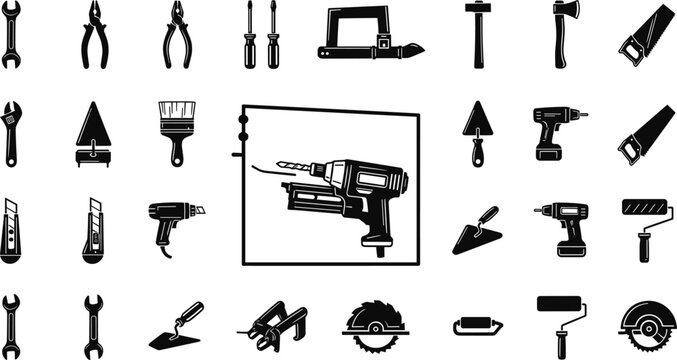 Hand tools silhouettes, power tools icons, hammer, wrench, pliers, drill, saw, staple gun, paintbrush, construction equipment, carpentry graphics, flat vector illustration
