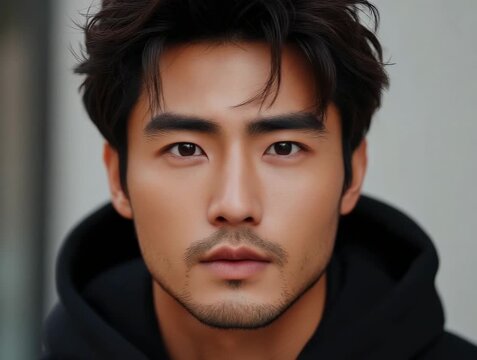 Young man poses for a close-up portrait in urban setting with a neutral expression on his face