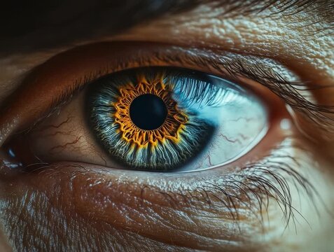 Close up of a human eye showing bright colors and unique patterns from the iris