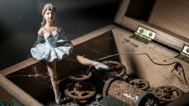 Old dusty ballerina figurine with cobweb on abandoned music box mechanism. Concept of faded memories and decaying childhood toy.