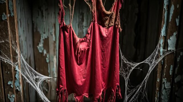 Spooky Halloween lingerie in abandoned house with spider web. Old ruined costume, holiday decoration, horror concept.