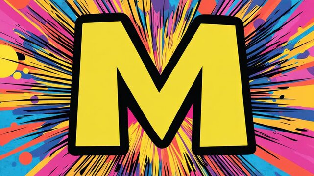 Bright yellow letter M with colorful background patterns creates a fun visual experience at a creative event