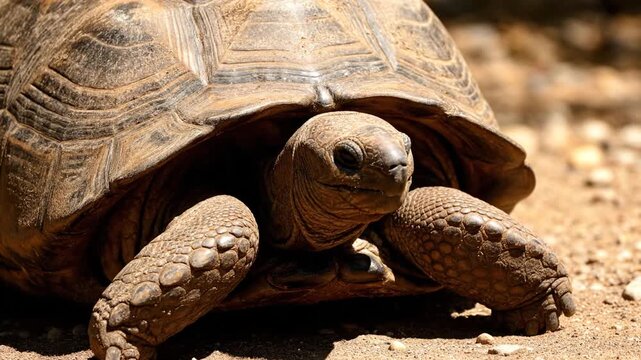 Detailed close up of a large tortoise in its natural habitat.