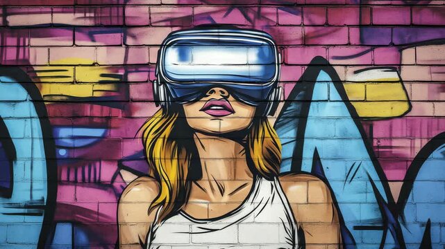 Virtual reality art on a wall in an urban area with a person wearing a headset observing the mural