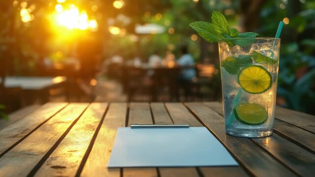 Enjoying a refreshing drink with mint and lime while sitting at a table in an outdoor cafe during sunset
