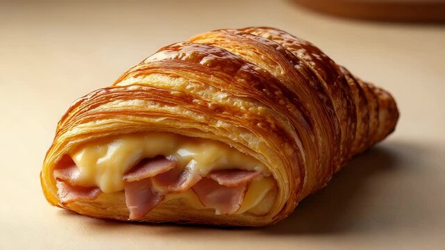 Freshly baked croissant with cheese and ham filling prepared in a local bakery