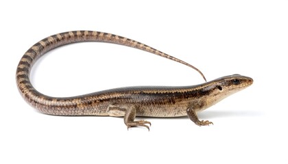 A slender lizard with a long, banded tail is captured in a studio shot against a white background.