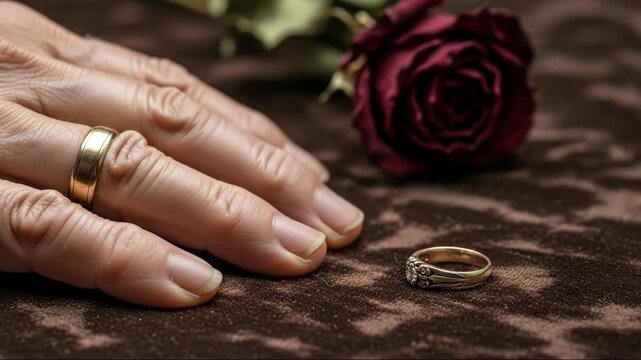 Womans hand slowly reaching for a lost ring next to a dried rose, symbolizing separation and faded love stories
