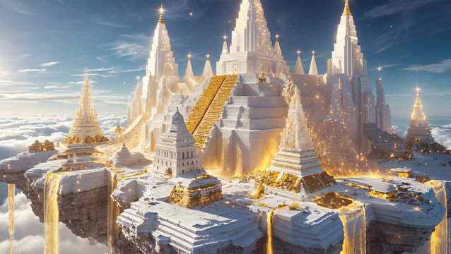 Fantasy scene with white heaven city with golden temples and energy waterfalls, floating above the sky. The realm of Gods