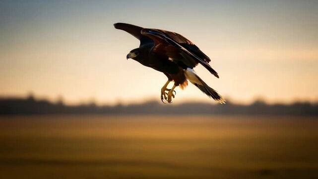 Majestic hawk in flight across a golden field at sunset. Bird of prey hunting and soaring with wings spread.
