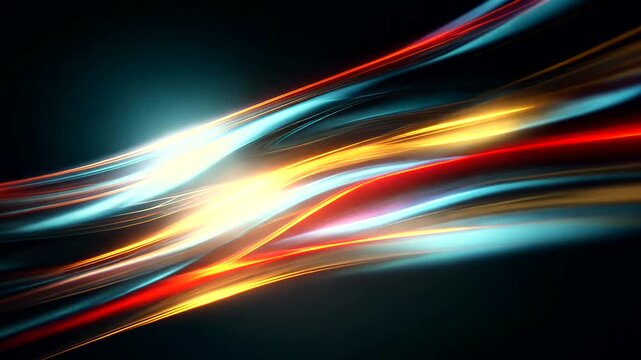 Vibrant blue, orange, and red light streaks flow dynamically on a dark background