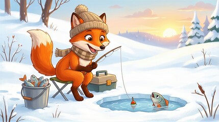 Obraz premium Cartoon fox character ice fishing on a snowy lake with a bucket of fish, cheerful winter outdoor activity.