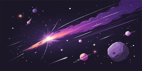 An abstract vector illustration of the bright glowing solar system and a red planet orbiting a blue earth amidst a dark night sky filled with stars and a light galaxy explosion © AbidurRahman