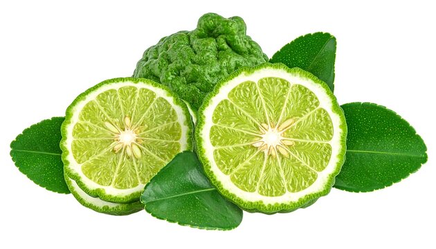 Fresh Kaffir Lime Slices and Leaves Isolated on White Background.