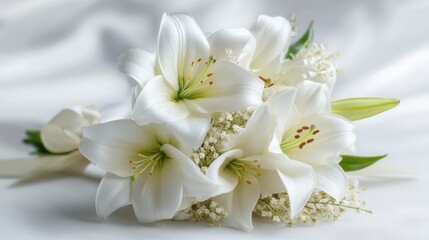 Elegant white lily bouquet with green stems on soft fabric background.