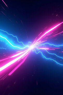 Dynamic neon light explosion in abstract space with blue electricity and pink rays