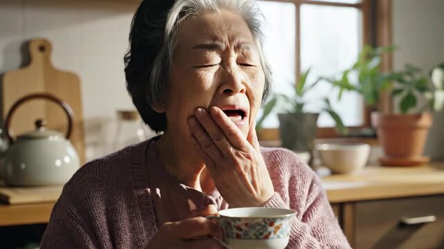 Elderly asian woman drinking and experiencing sharp tooth pain, concept of dental health problem, senior suffering from sensitive teeth
