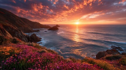 Spectacular coastal sunset with colorful wildflowers and dramatic sky.