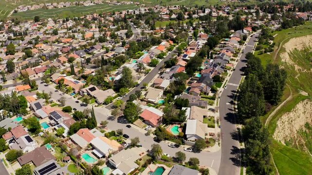 Aerial view of Simi Valley Neighborhood showing homes and apartments and streets 