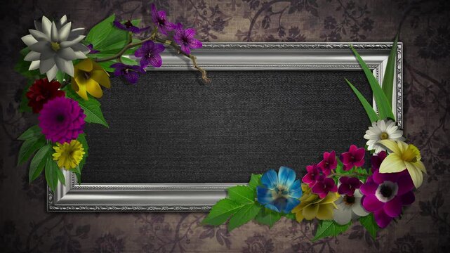 A picture frame on a wallpaper background, with floral and leaf elements growing and blooming on the frame. Luma matte included for compositing just the frame and flowers. 