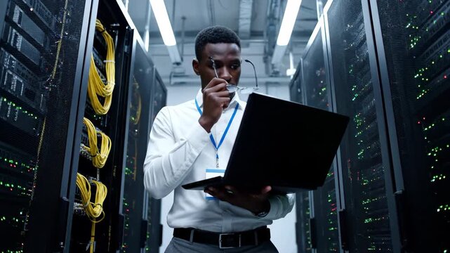 Man in white shirt holds laptop in a server room with blinking lights and cables.