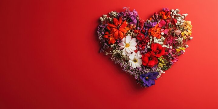 A Beautiful and Colorful Floral Heart on a Vibrant Red Background Filled with Joy