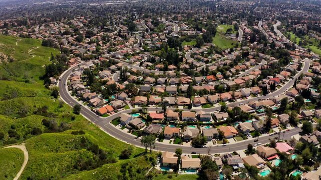 Aerial view of Simi Valley Neighborhood showing homes and apartments and streets 