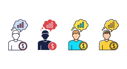 Diverse Professionals with Financial Thoughts and Symbols in a Modern Flat Design Style