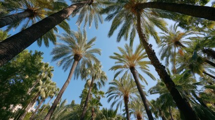 Obraz premium Lush tropical palm trees against clear blue sky.
