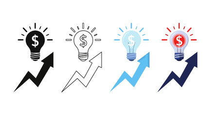 Collection of financial growth icons featuring lightbulbs and arrows in various styles