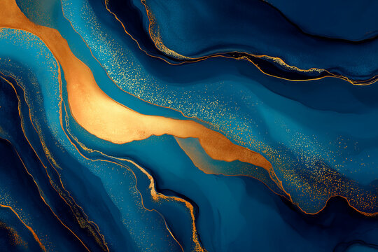 Luxury abstract liquid marble background, elegant blue and gold alcohol ink flow with glittering veins and wavy texture