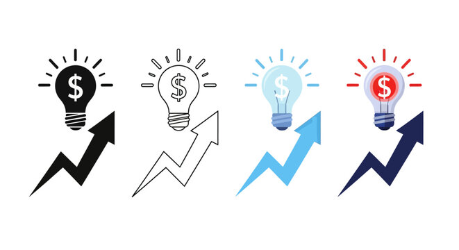 Collection of financial growth icons featuring lightbulbs and arrows in various styles