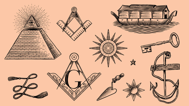 Freemason and Mason symbols. Illuminati and secret union or brotherhood elements. Eye of Providence, all seeing logo, pyramid, stars and Noah ark, key and anchor, circle and ruler.