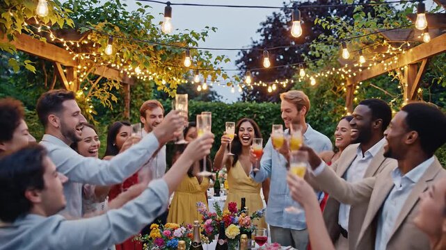 Diverse friends celebrating with champagne toast at garden party with string lights