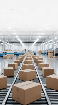 Cardboard shipping boxes moving along conveyor belts inside automated warehouse. E-commerce global logistic concept. Vertical video