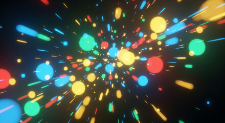 Obraz premium Colorful particles explosion in vibrant neon lights on dark background with motion blur for abstract technology