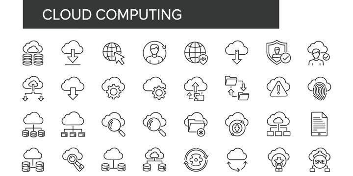 Cloud computing icons for data storage, transfer, and security vector illustration