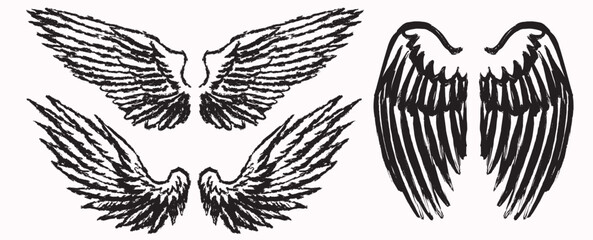 Obraz premium Grunge angel wings. street art style drawing. brush drawn elements. Can be used as bird, devil or creature wings. Symbol of freewill peace and heaven.
