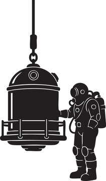 Deep-sea diver in full gear inspecting diving bell suspended by cable, dramatic underwater scene in silhouette style
