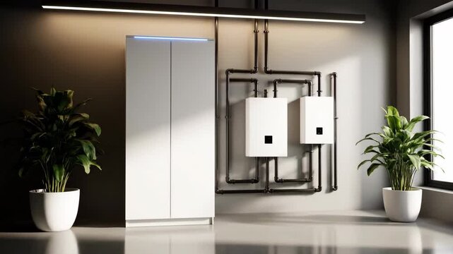 Modern residential heating system with two white water heaters and potted green plants.