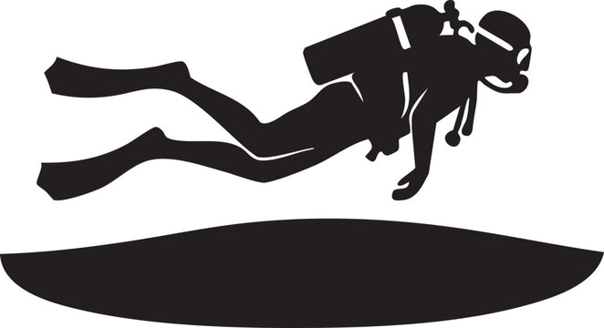 Scuba diver silhouette swimming above ocean floor, minimalist black and white vector design with clean lines