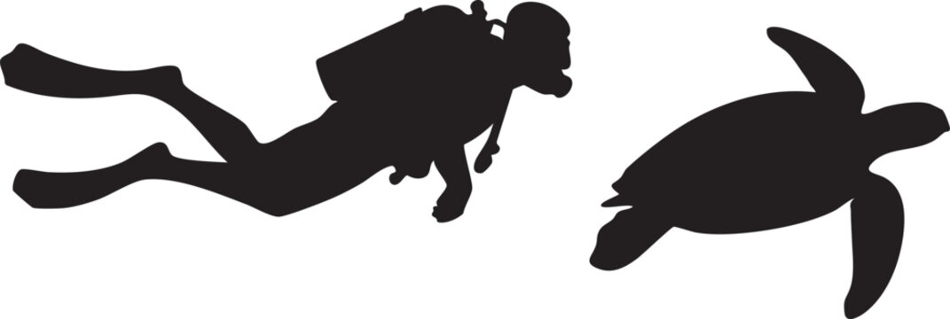 Scuba diver swimming alongside sea turtle in ocean, minimalist silhouette style with clean, modern design