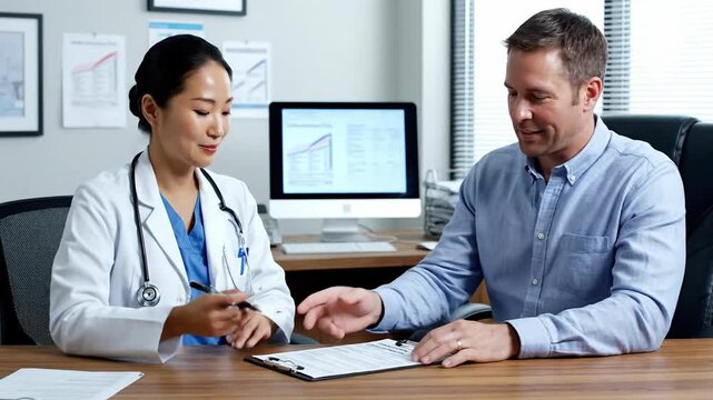 Doctor explains medical form to patient, who signs it in office.