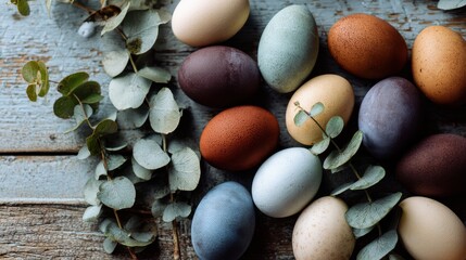 Creative layout of natural dyed Easter eggs on a wooden table, eucalyptus leaves decoration, soft window light, copy space in center