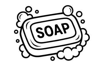 Bar of Soap with Bubbles Vector Illustration - Hygiene and Cleaning Concept Icon, Minimalist Black and White Line Art Isolated on White Background