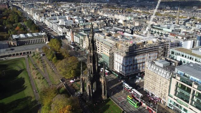 Edinburgh Scott Monument time lapse drone shot