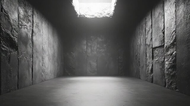 Dark room with stone walls and a small window at the top allowing light to enter during the day
