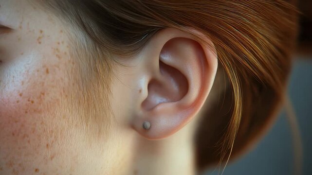 Close look at a young person's ear with a small earring in a bright setting during daytime