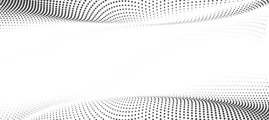 Minimal black halftone dotted wave landscape with smooth flowing curvature on white background, abstract modern texture for clean branding, digital layouts, posters and design